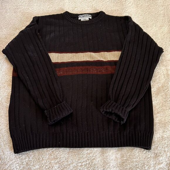 Vintage Untied Sweater Large Striped Ribbed Crew Neck Navy Blue Burgundy Y2K - Picture 1 of 9